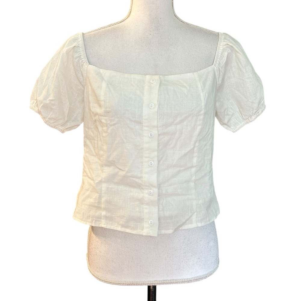 NEW LUCA PUFF SKEEVE LINEN LOOK SUMMER‎ CASUAL CROP TOP WOMEN’S SZ MEDIUM